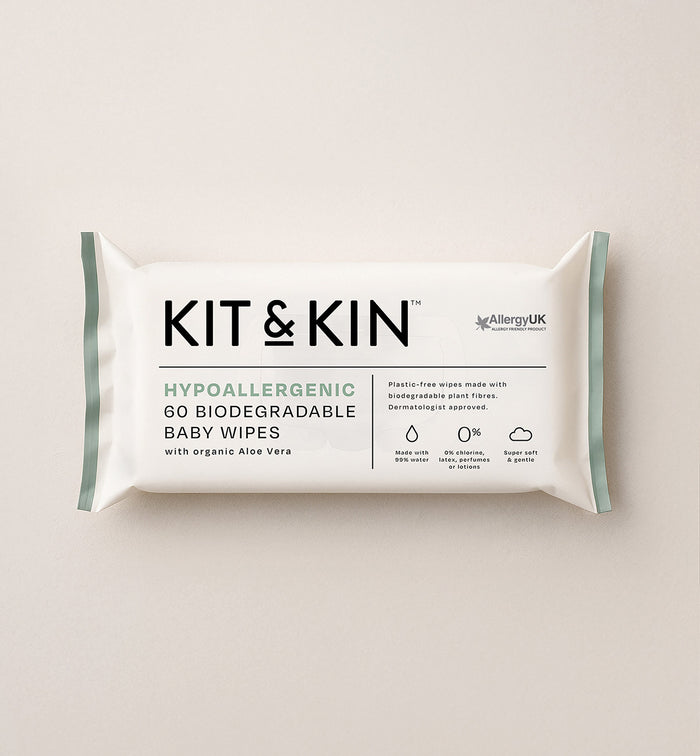 A pack of Kit & Kin hypoallergenic wipes for delicate skin, made with 99% water