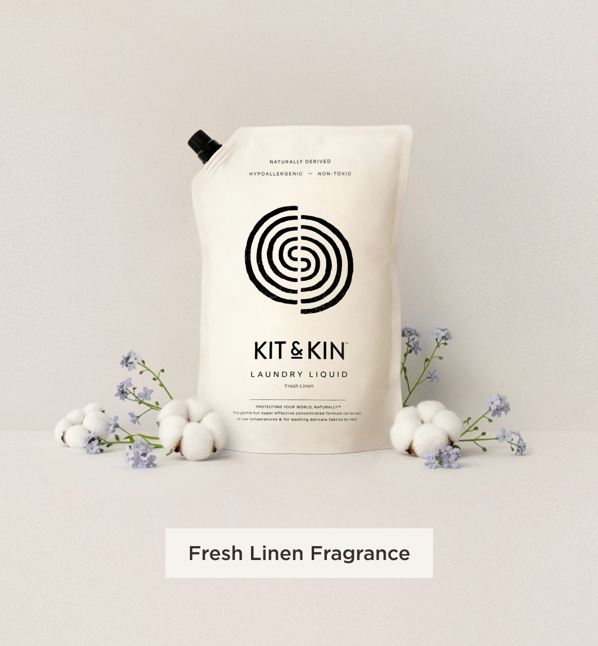 Our Kit & Kin eco laundry detergent is hypoallergenic and naturally fragranced with fresh linen for a gentle yet effective clean.