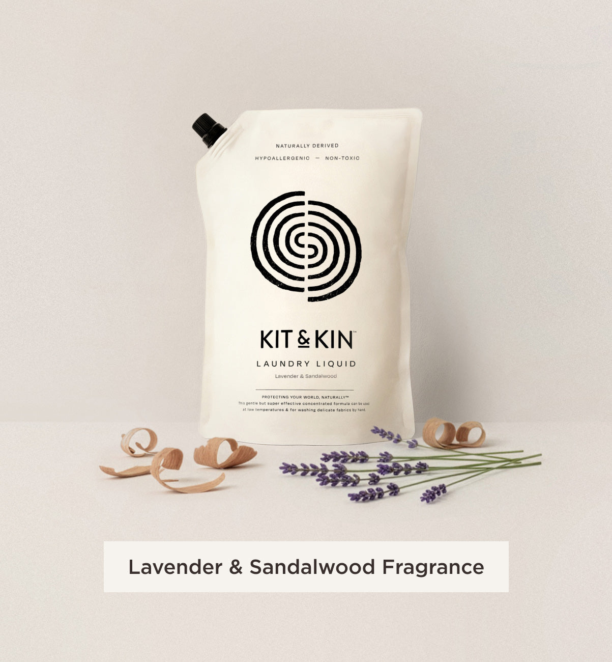 Our Kit & Kin eco laundry detergent is hypoallergenic and infused with natural lavender and sandalwood fragrance for sensitive skin.