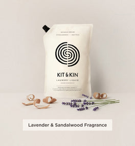 Our Kit & Kin eco laundry detergent is hypoallergenic and infused with natural lavender and sandalwood fragrance for sensitive skin.