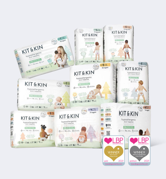 Two Kit & Kin eco nappies with lion and fox prints
