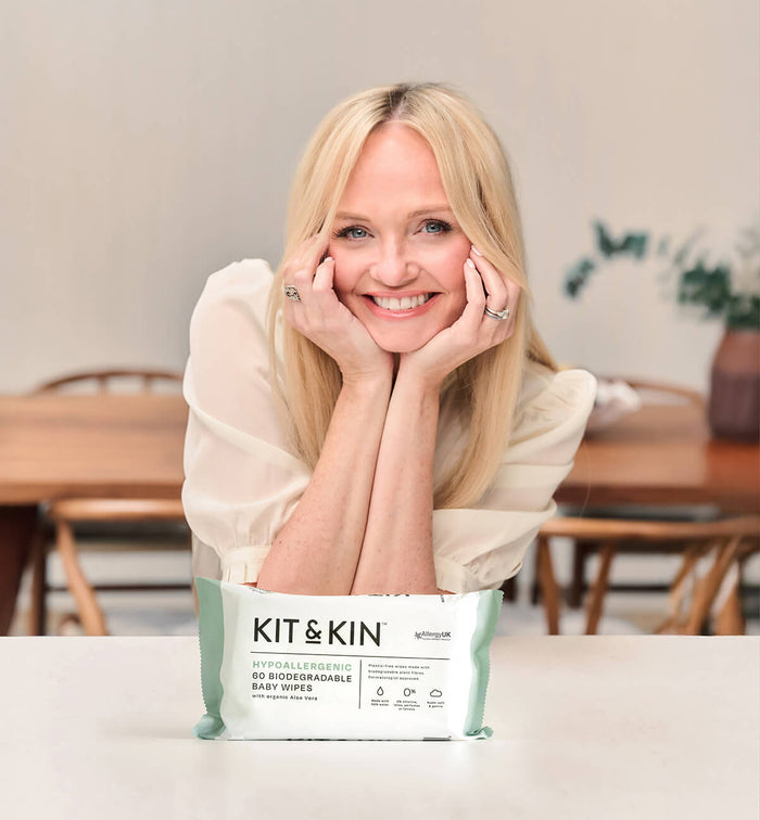 Spice Girl Emma Bunton with a pack of Kit & Kin eco wipes 