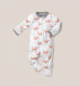 This Kit & Kin fox print baby all-in-one is made from GOTS-certified organic cotton, perfect for keeping newborns comfortable and cosy.