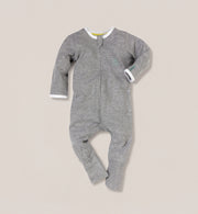 A Kit & Kin grey baby all-in-one made from GOTS-certified organic cotton, designed for soft newborn comfort and everyday unisex wear.