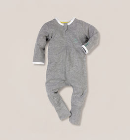 A Kit & Kin grey baby all-in-one made from GOTS-certified organic cotton, designed for soft newborn comfort and everyday unisex wear.