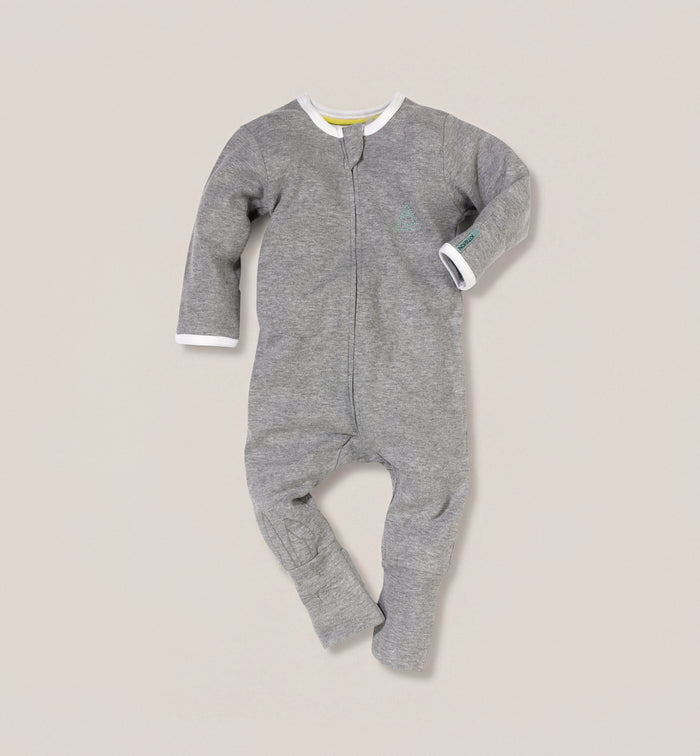 A Kit & Kin grey baby all-in-one made from GOTS-certified organic cotton, designed for soft newborn comfort and everyday unisex wear.