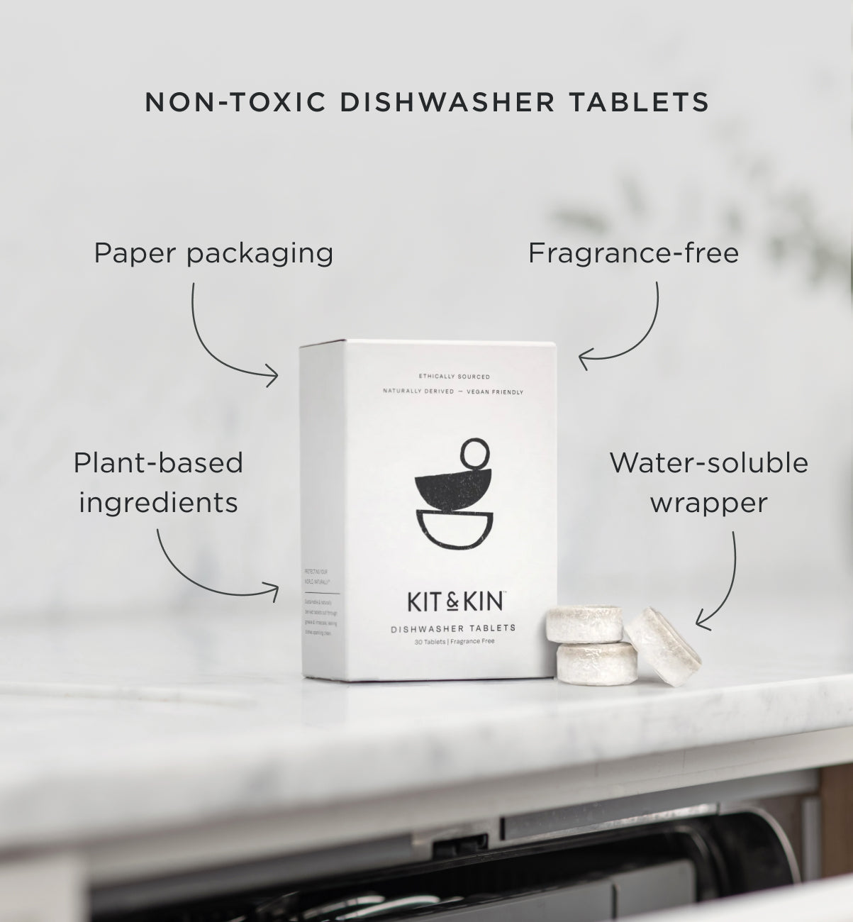 Kit & Kin non-toxic dishwasher tablets come in recyclable paper packaging with water soluble wrappers, and are fragrance-free and made with plant-based ingredients.  