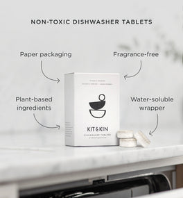 Kit & Kin non-toxic dishwasher tablets come in recyclable paper packaging with water soluble wrappers, and are fragrance-free and made with plant-based ingredients.  