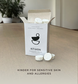 Kit & Kin eco-friendly non-toxic dishwasher tablets are made with plant-based ingredients, without the harsh chemicals - making them kinder for sensitive skin and household with allergies. 