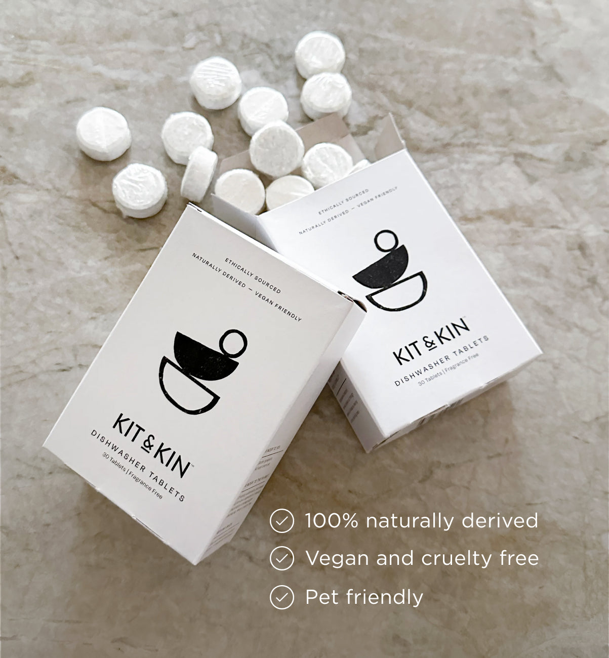 Kit & Kin non-toxic and eco-friendly dishwasher tablets are 100% naturally derived, vegan and cruelty-free and pet-friendly