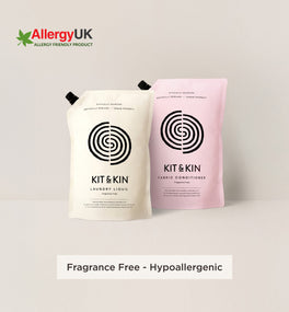 Our Kit & Kin eco laundry detergent and fabric conditioner bundle is hypoallergenic and fragrance-free, perfect for delicate or sensitive skin.