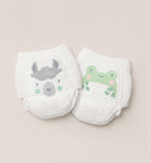 Kit & Kin eco nappy pants with llama and frog animal prints, sizes 4 to 8