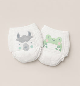 Kit & Kin eco nappy pants with llama and frog animal prints, sizes 4 to 8