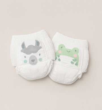 Kit & Kin eco nappy pants with llama and frog animal prints, sizes 4 to 8