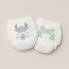 Kit & Kin eco nappy pants with llama and frog animal prints, sizes 4 to 8