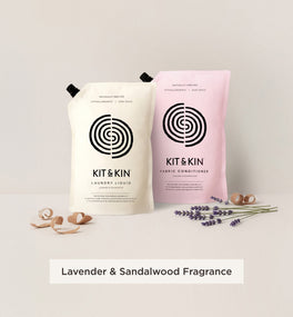 Our Kit & Kin eco laundry detergent and fabric conditioner bundle is naturally scented with lavender and sandalwood for a gentle clean that’s kind to sensitive skin.