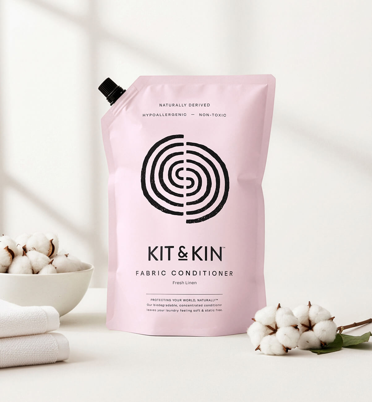 Our Kit & Kin eco fabric conditioner is non-toxic and naturally fragranced with fresh linen for a clean that’s suitable for sensitive skin.