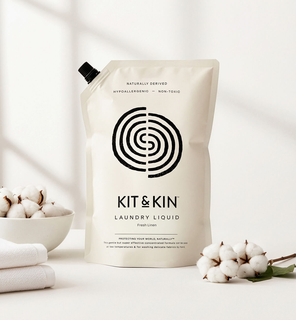Our Kit & Kin eco laundry detergent is non-toxic and naturally fragranced with fresh linen for a clean that’s suitable for sensitive skin.