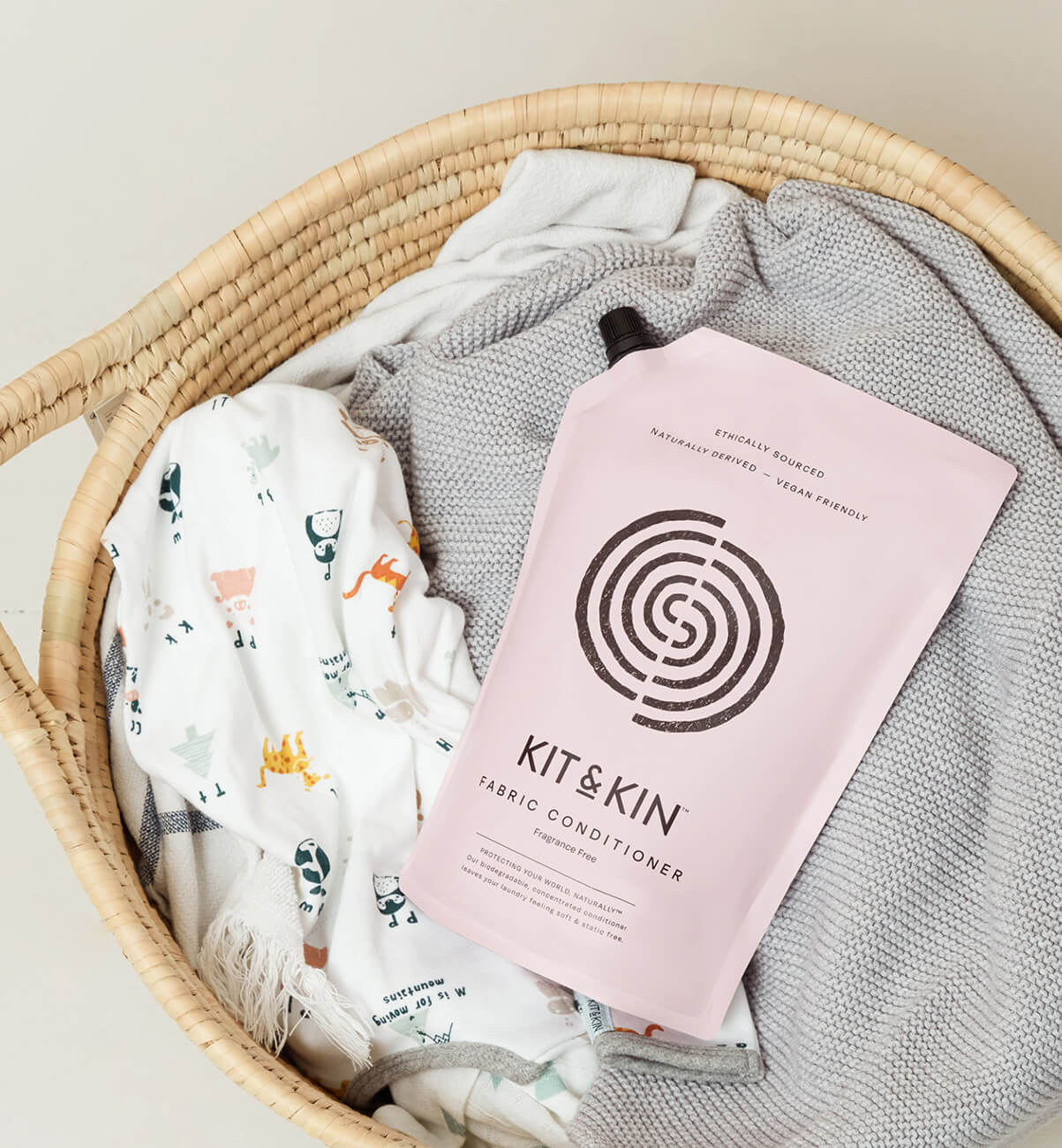 Our Kit & Kin fragrance-free eco fabric conditioner is hypoallergenic and ideal for washing delicate newborn clothes.