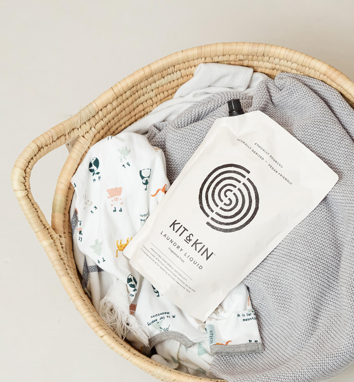 Our Kit & Kin fragrance-free eco laundry detergent is hypoallergenic and ideal for washing delicate newborn clothes.