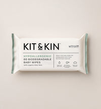 A pack of Kit & Kin hypoallergenic wipes for delicate skin, made with 99% water 