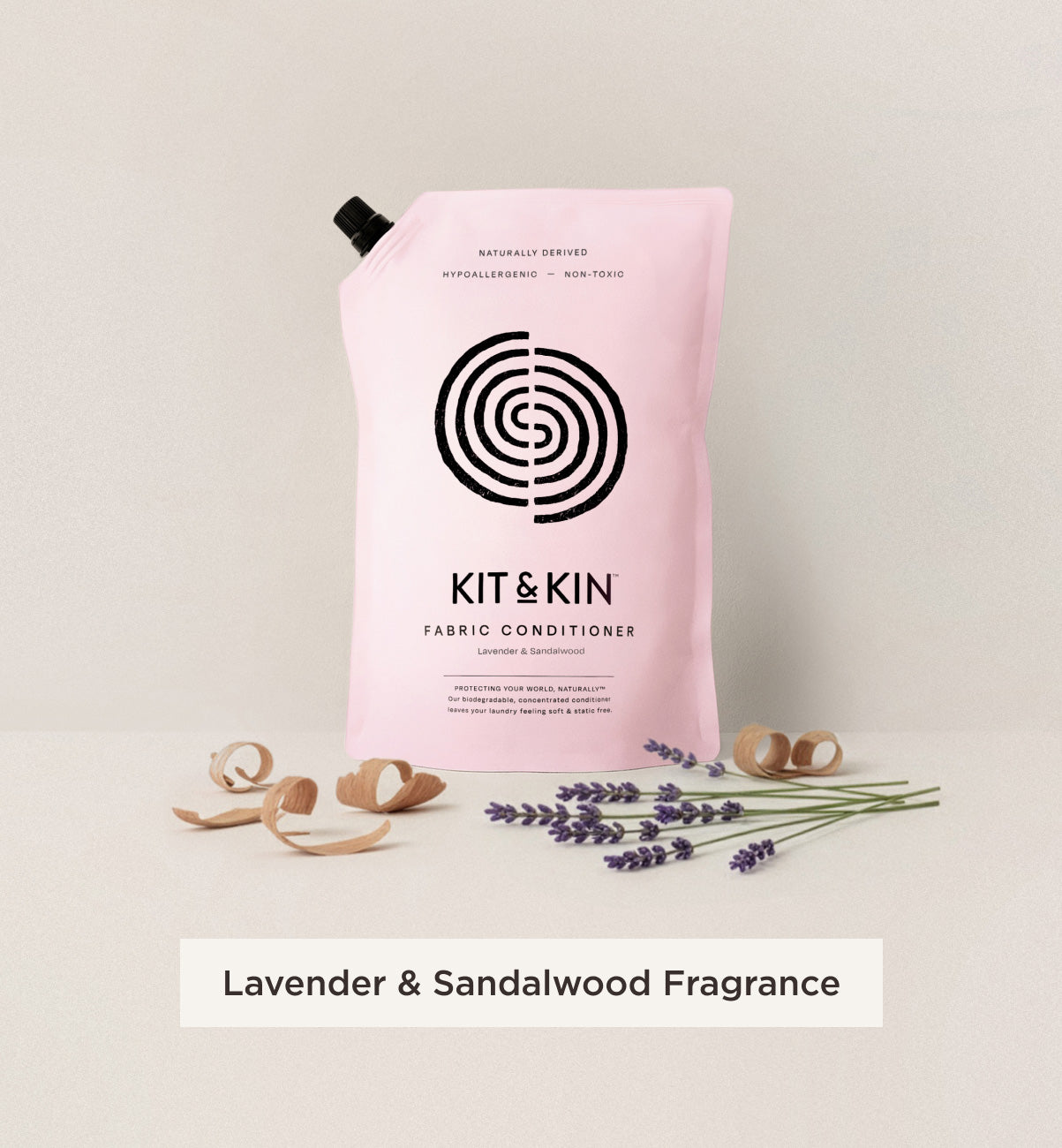 Our Kit & Kin eco fabric conditioner is hypoallergenic and infused with natural lavender and sandalwood fragrance for sensitive skin.