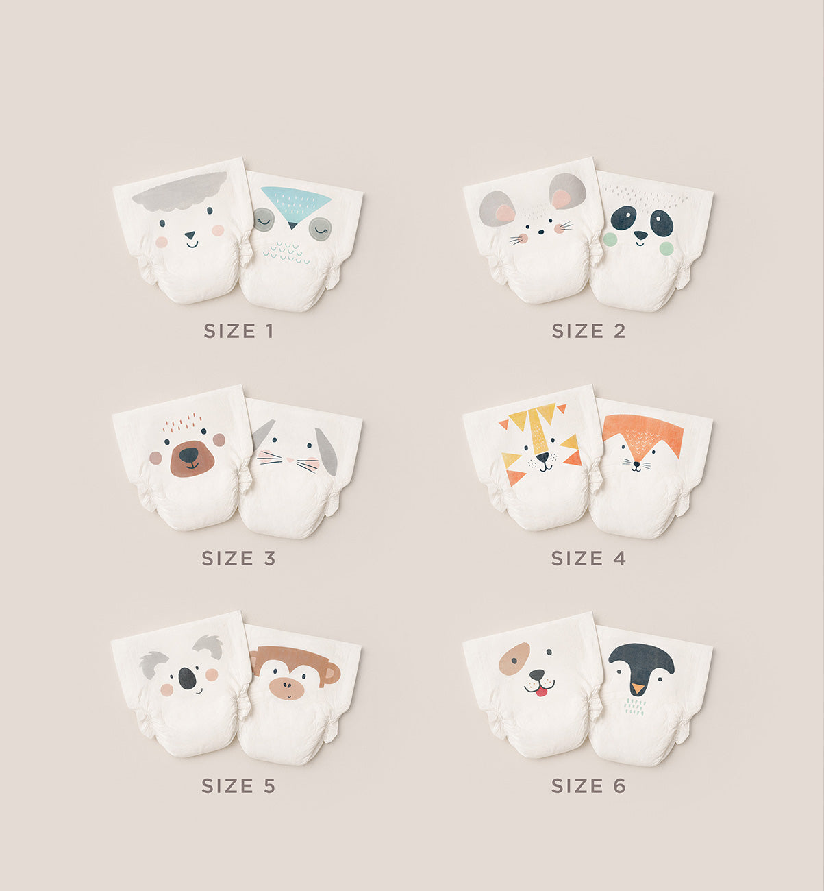 Kit & Kin newborn nappies to toddler from size 1-6, with 2 cute animal prints per size