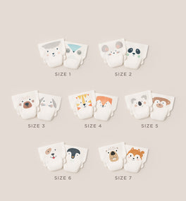 Kit & Kin newborn nappies to toddler from size 1-7 with 2 cute animal prints per size