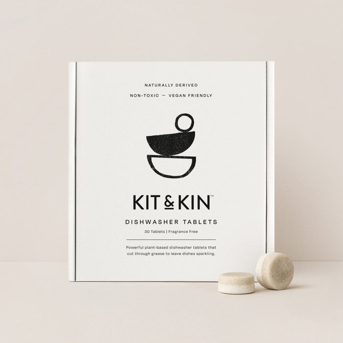Kit & Kin non-toxic dishwasher tablets for natural, plant-based cleaning. Leaves plates and dishes sparkling.