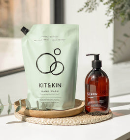 Our Kit & Kin non toxic hand wash is made with plant-based materials that kill bacteria and fragranced using natural essential oils, making it an easy eco swap for your home 