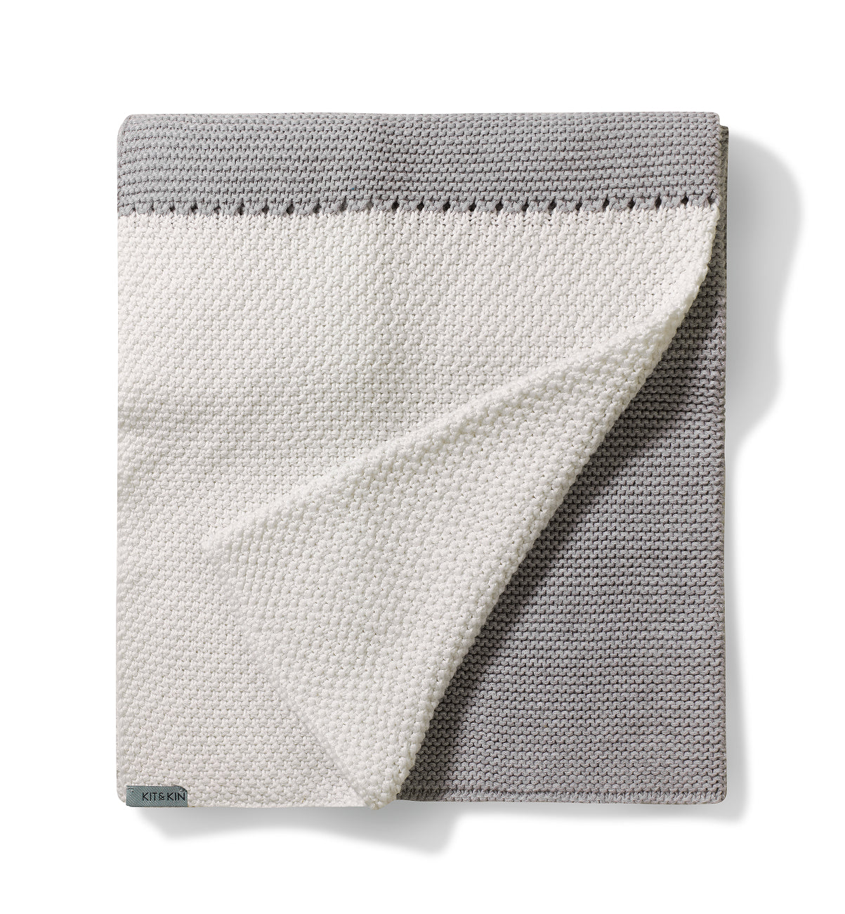 Kit & Kin organic cotton knitted baby blanket in grey neutral unisex design - perfect for a newborn baby gift.