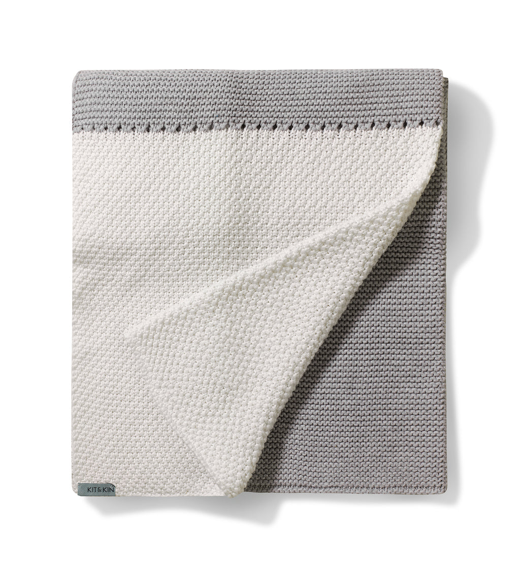 Kit & Kin organic cotton knitted baby blanket in grey neutral unisex design - perfect for a newborn baby gift.