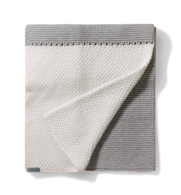 Kit & Kin organic cotton knitted baby blanket in grey neutral unisex design - perfect for a newborn baby gift.