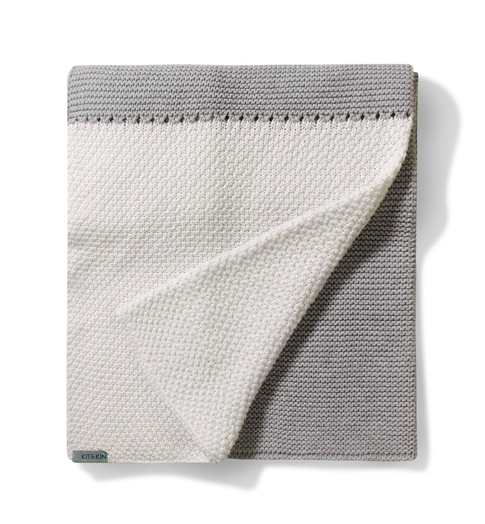 Kit & Kin organic cotton knitted baby blanket in grey neutral unisex design - perfect for a newborn baby gift.