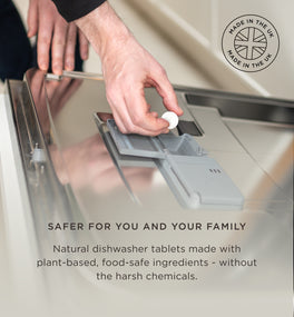 Our Kit & Kin eco non-toxic dishwasher tablets are safer for you and your family, made with plant-based food-safe ingredients - without the harsh chemicals. 