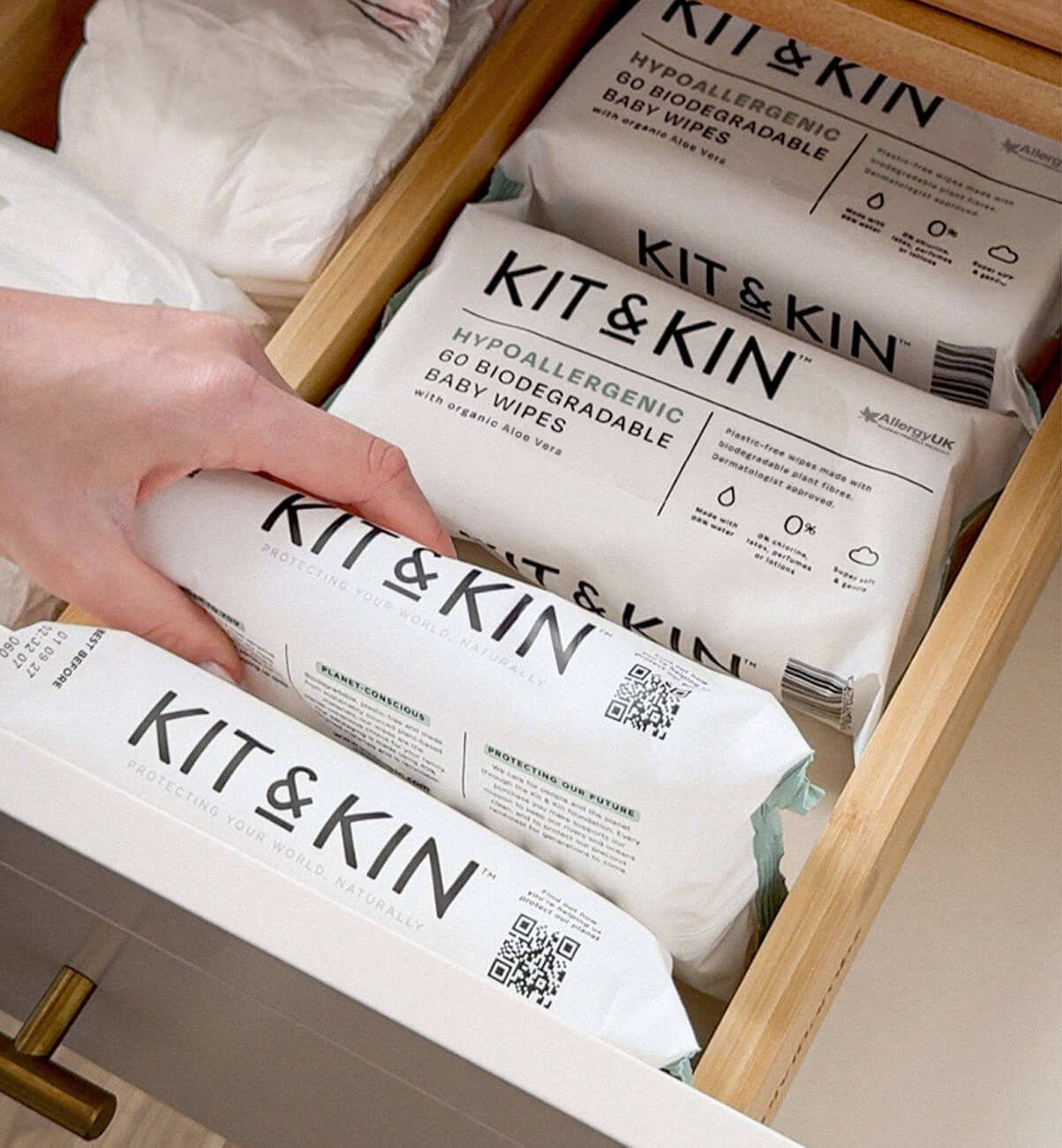 A drawer full of Kit & Kin unscented wet wipes - best wipes for newborn skin 